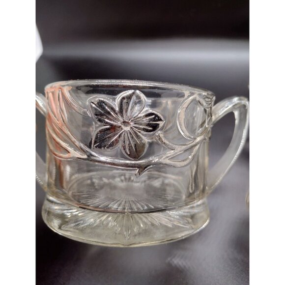 Indiana Glass Co EAPG Antique Open Creamer Sugar Set Clear Silver Floral - Picture 4 of 8
